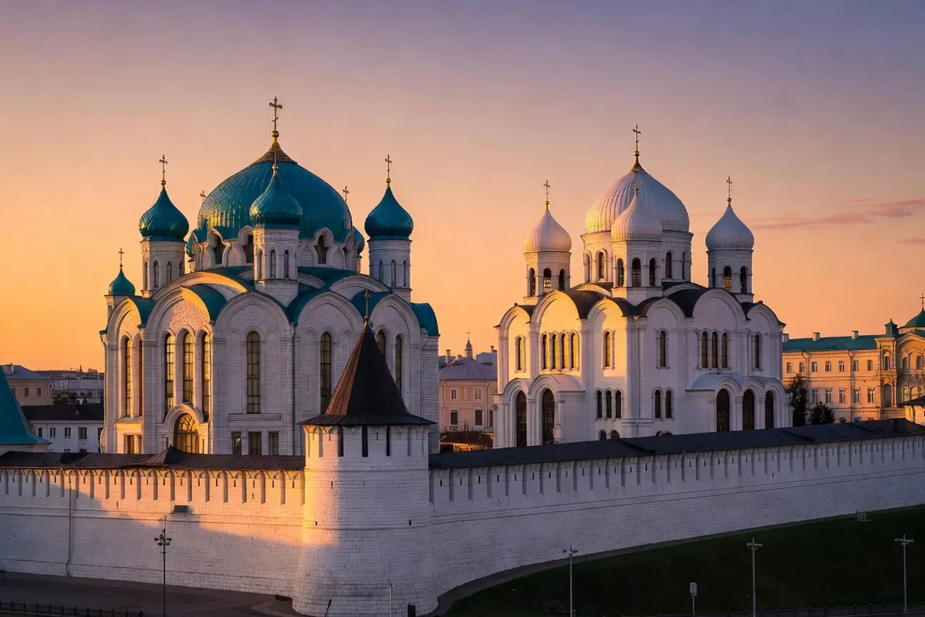 Kremlin de Kazan au coucher du soleil avec la mosquée Qol Sharif aux dômes turquoise et la cathédrale orthodoxe de l'Annonciation côte à côte