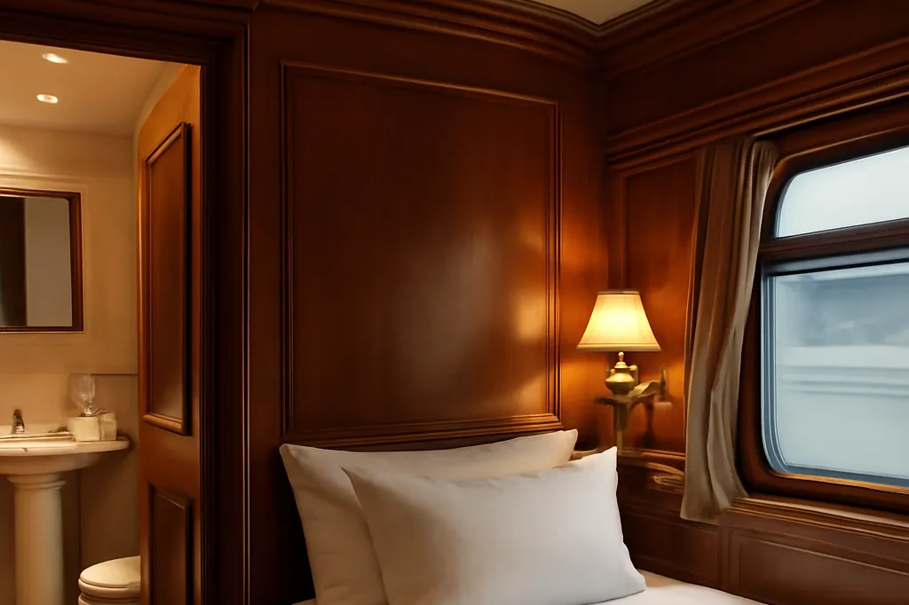Cabine privée de train de luxe russe avec boiseries, lit fait et salle de bain privée entrevue