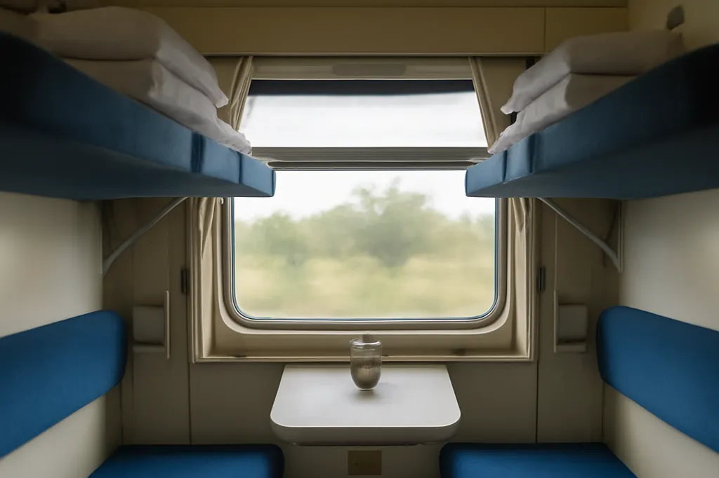 Compartiment kupe standard d'un train RZD russe avec quatre couchettes et verre de thé traditionnel