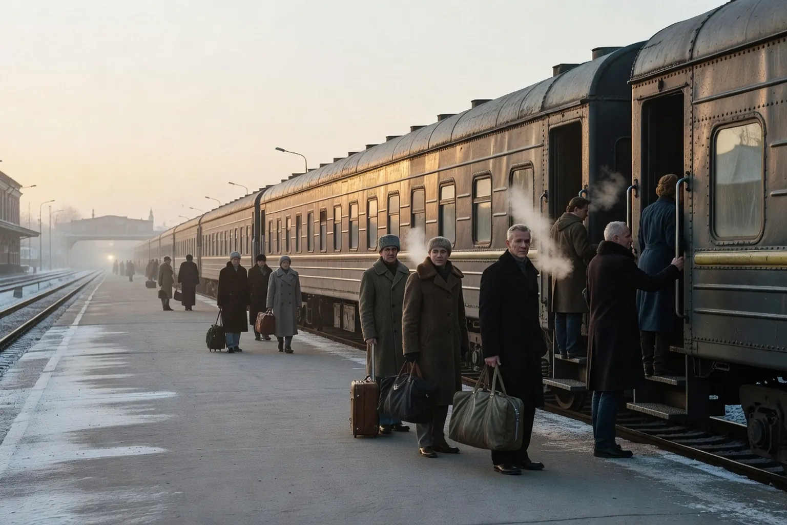 Quai de gare russe avec voyageurs embarquant dans le Transsiberien