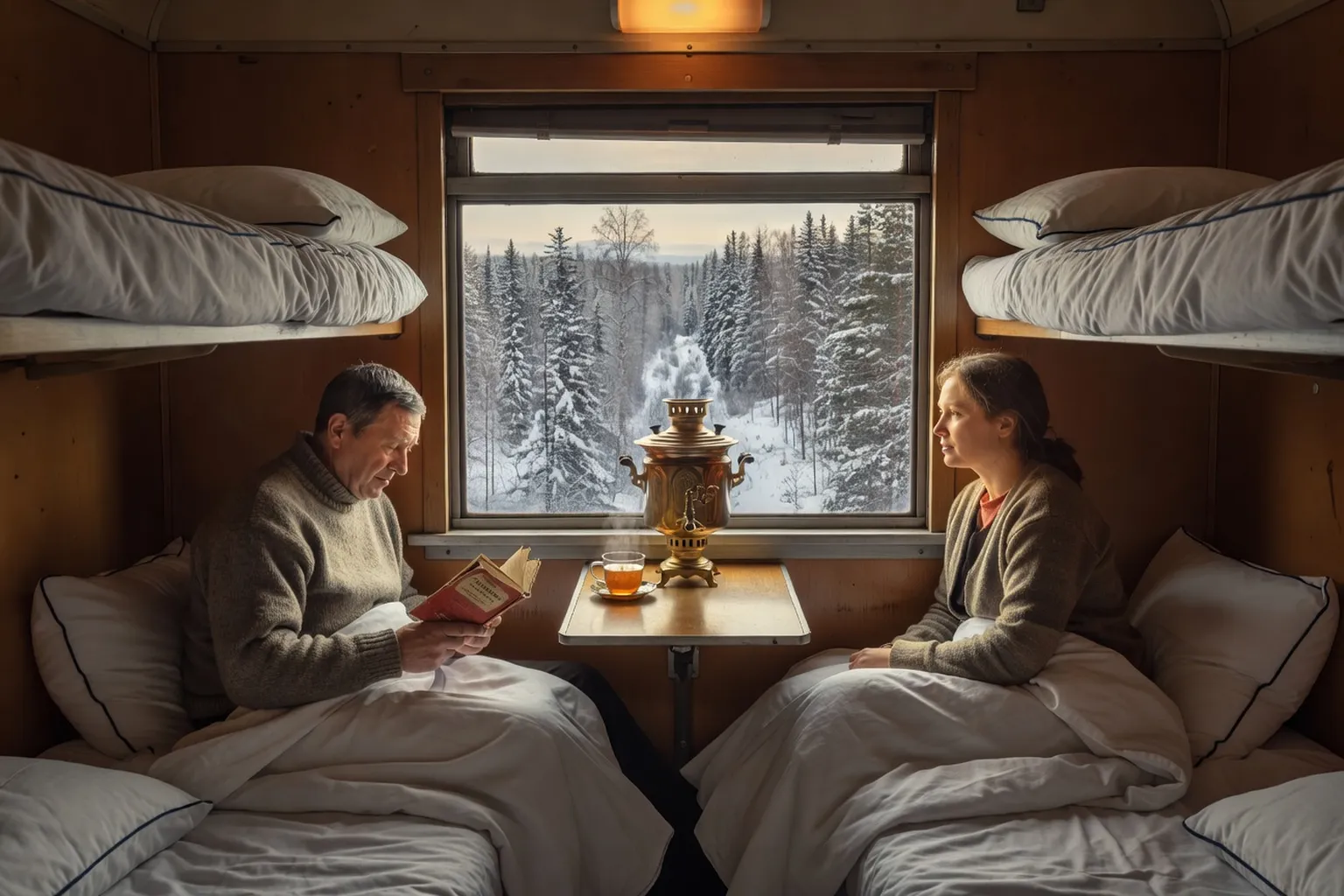 Voyageurs dans un compartiment kupe du Transsiberien
