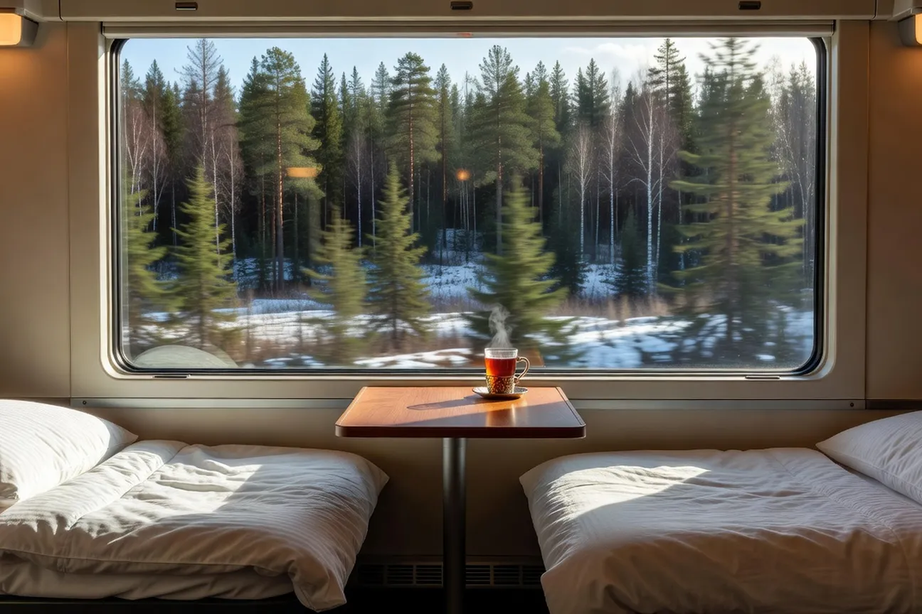 Intérieur d'un compartiment kupé moderne RZD avec deux couchettes basses transformées en banquettes et la fenêtre donnant sur la taïga sibérienne