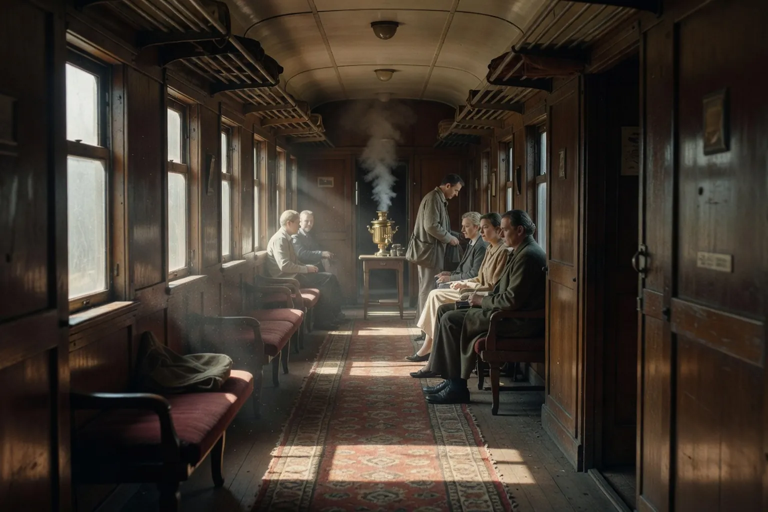 Couloir de wagon russe avec samovar en fin de couloir