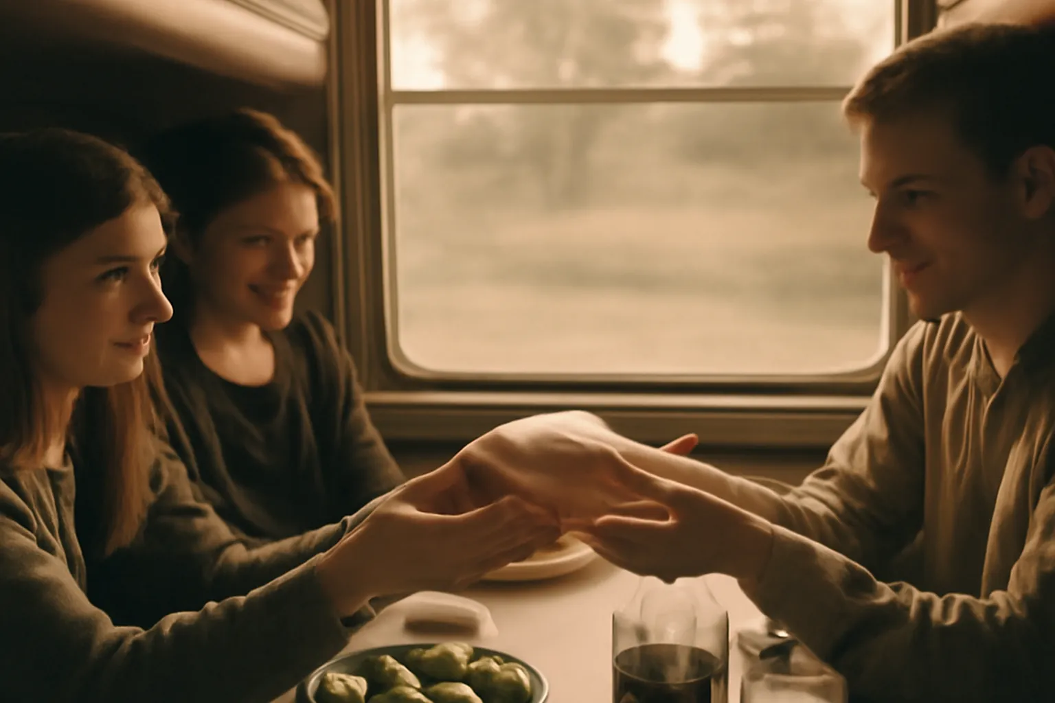 Passagers partageant un repas dans un compartiment de train
