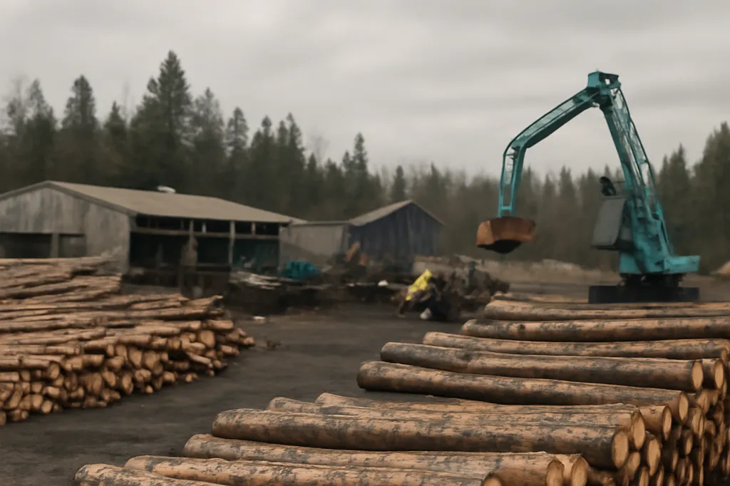 Scierie et stockage de grumes de bois dans une zone industrielle sibérienne près de Vikhorevka