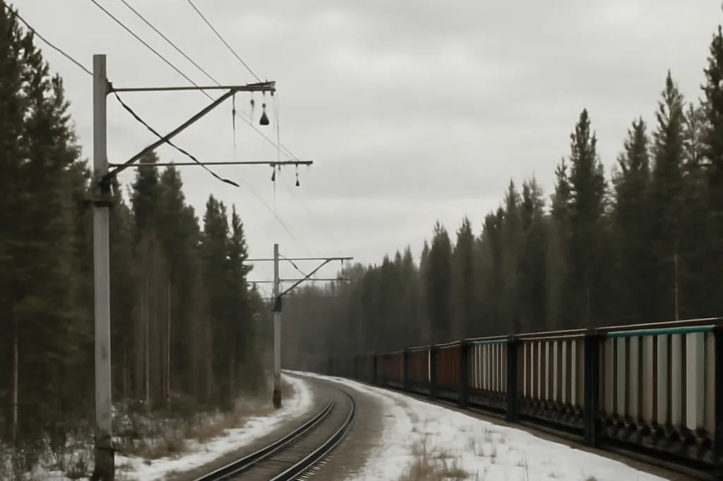 Voie ferrée du BAM traversant la taïga sibérienne près de Vikhorevka, wagons de marchandises stationnés