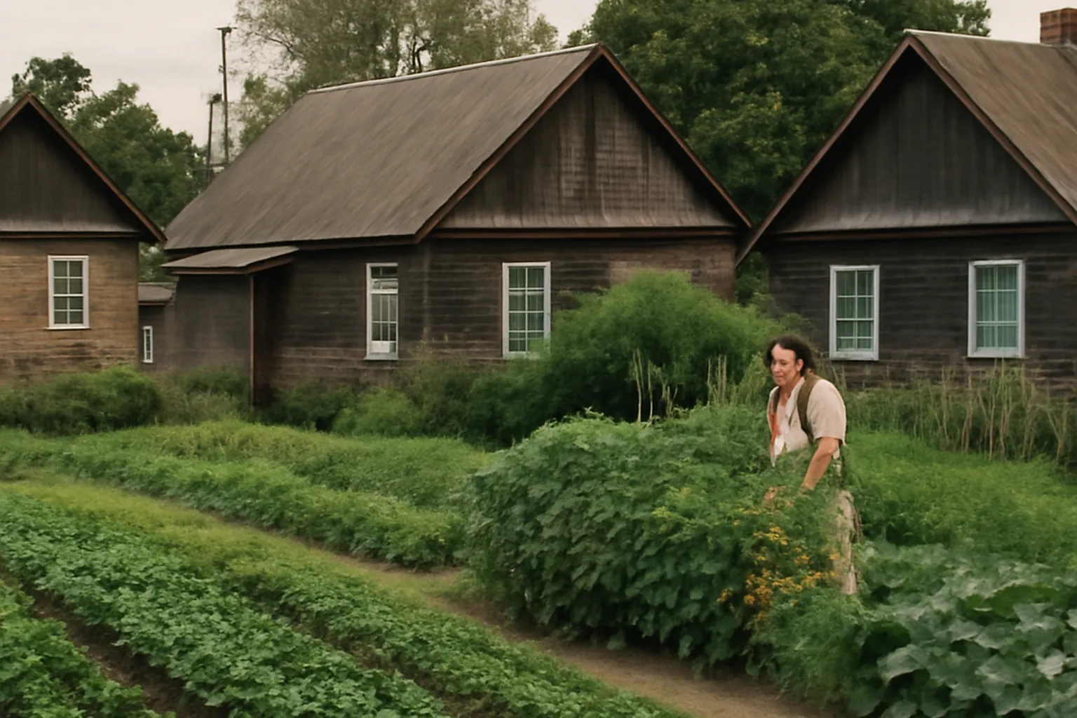 Campagne bielorusse avec maisons en bois et potagers traditionnels
