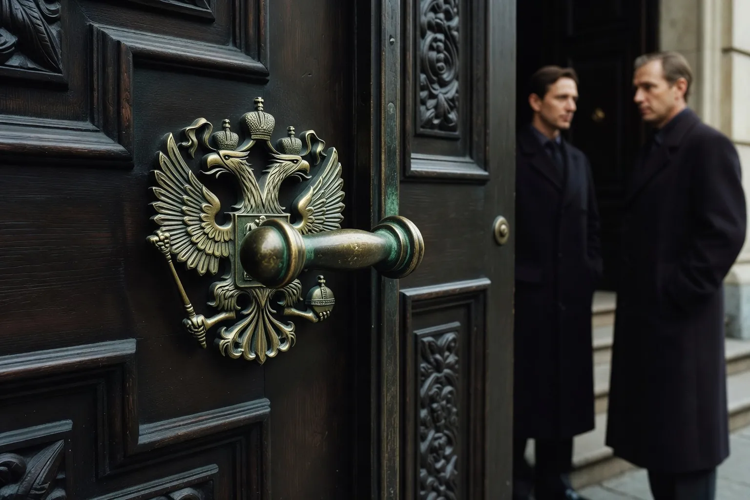 Porte d'ambassade russe avec sceau a l'aigle bicephale