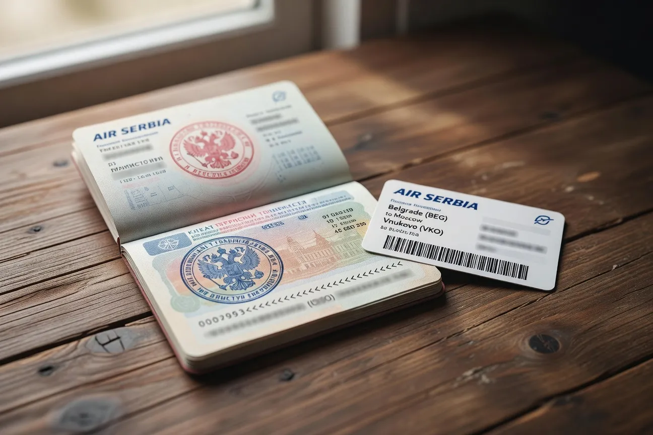 Détail d'un visa touristique russe classique apposé dans un passeport ouvert à côté d'une carte d'embarquement Air Serbia pour un vol Belgrade-Moscou Vnoukovo