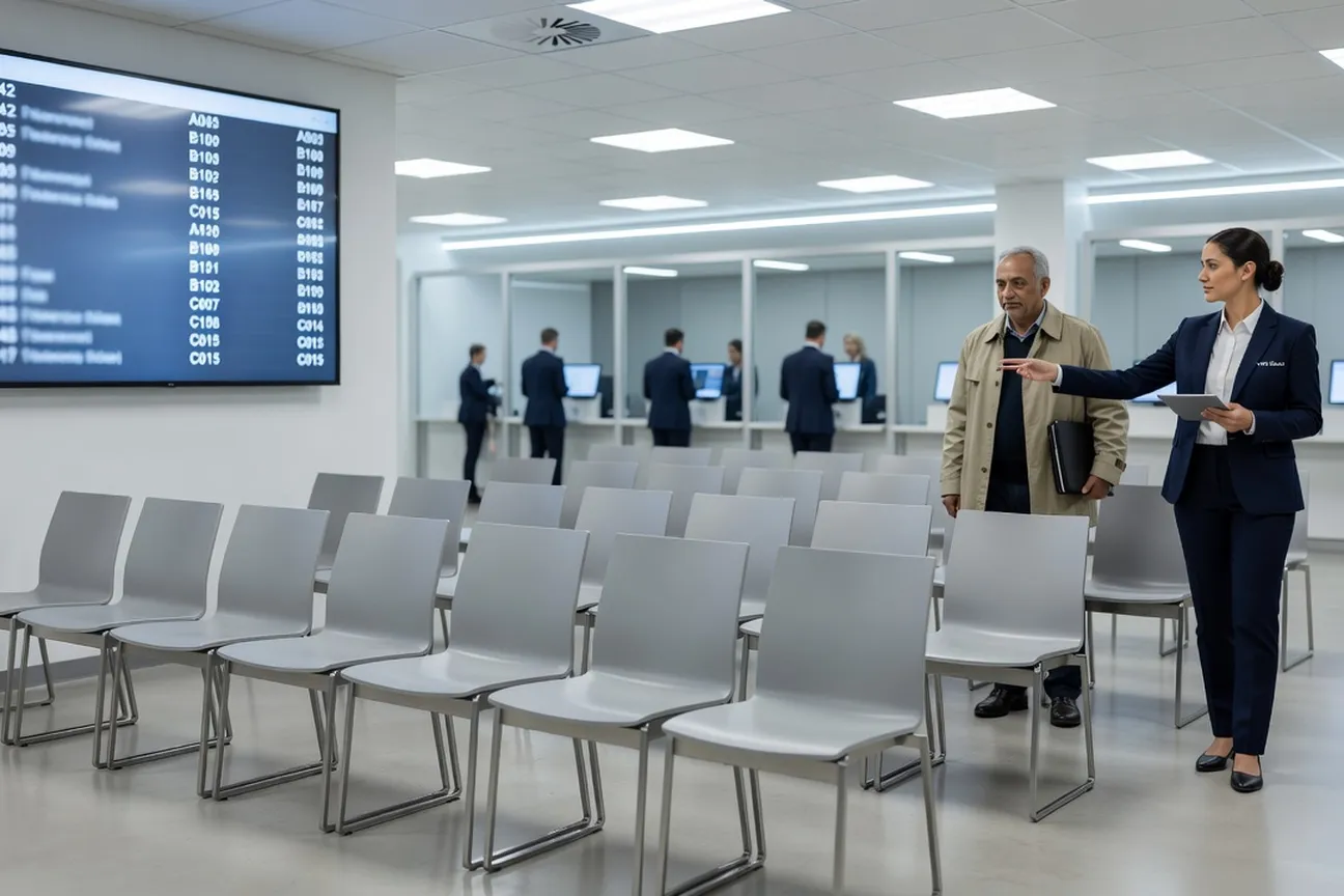 Bureau du centre de visas VFS Global à Paris avec écran d'accueil affichant la procédure visa russe classique et une employée orientant un demandeur vers un guichet