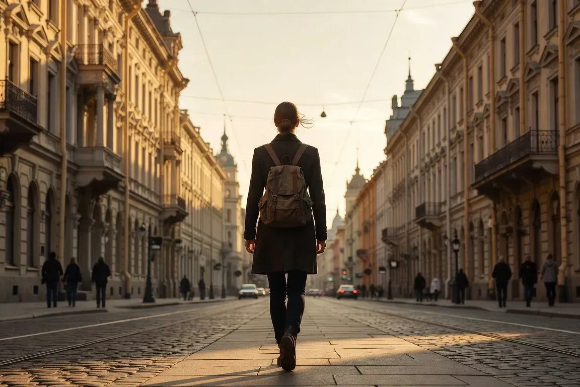 Femme voyageuse de dos sur la perspective Nevski à Saint-Pétersbourg, lumière dorée