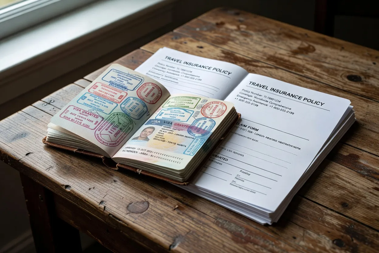 Passeport avec visa et documents d'assurance voyage sur une table en bois