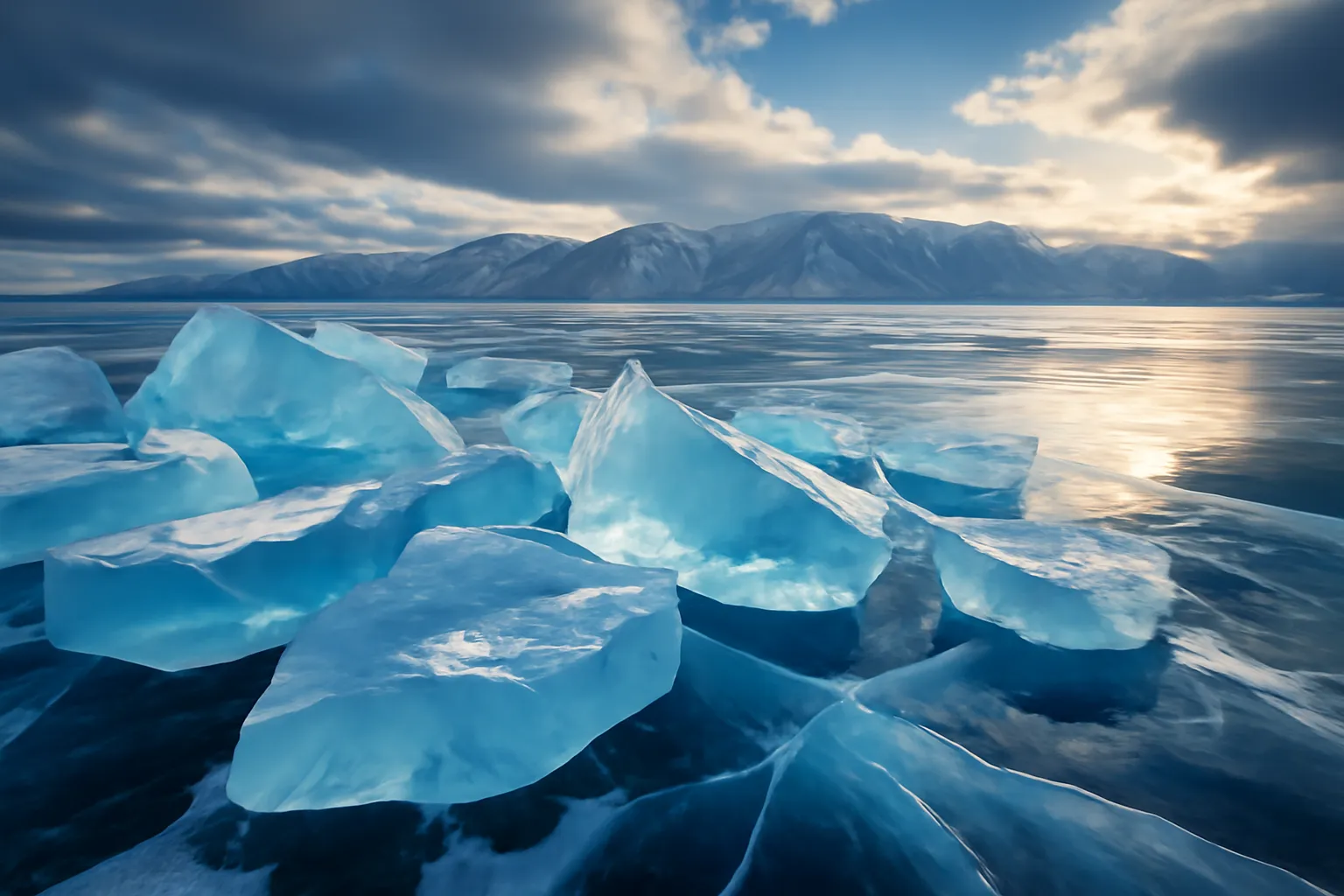 Lac Baïkal gelé en hiver avec formations de glace bleutée