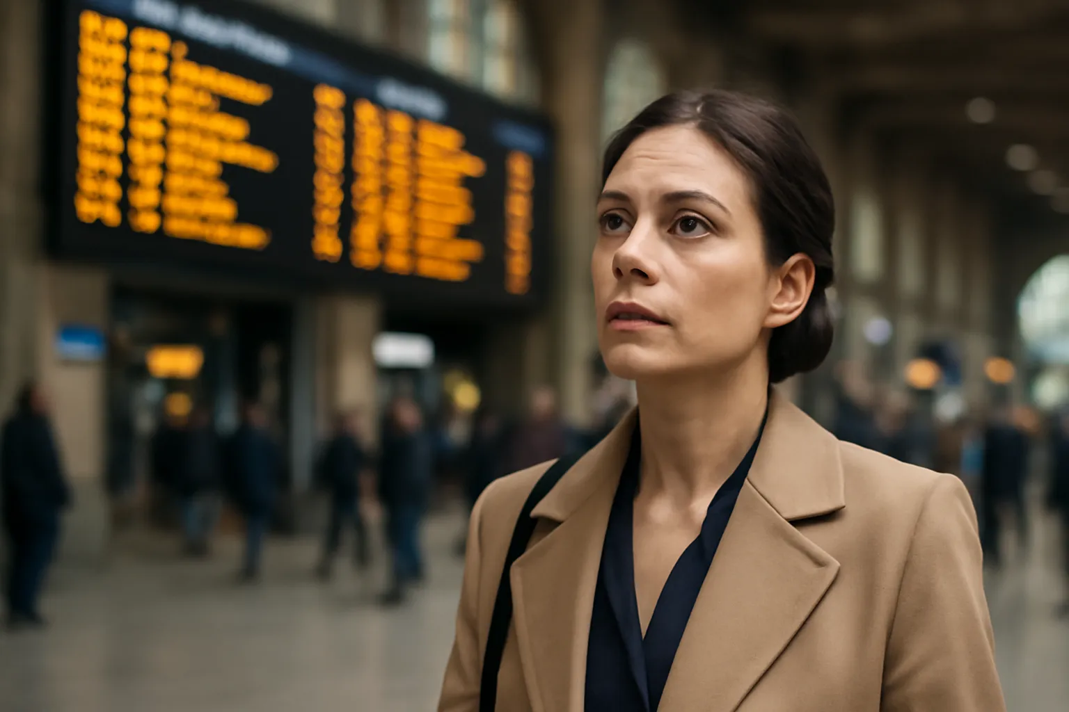 Voyageuse consultant un panneau de départs dans une gare avec une expression concentrée