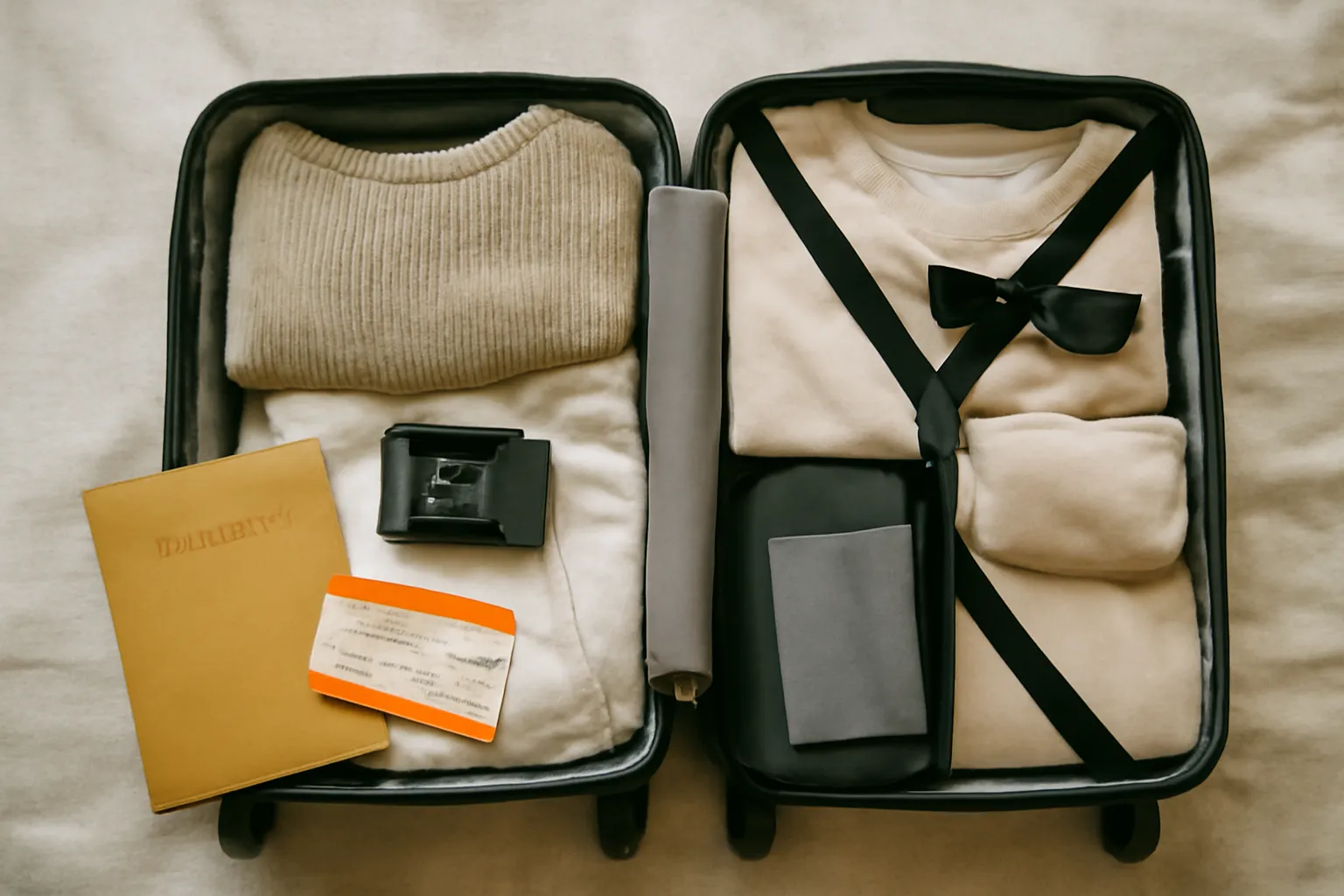 Valise de voyage organisée avec documents et billets de train
