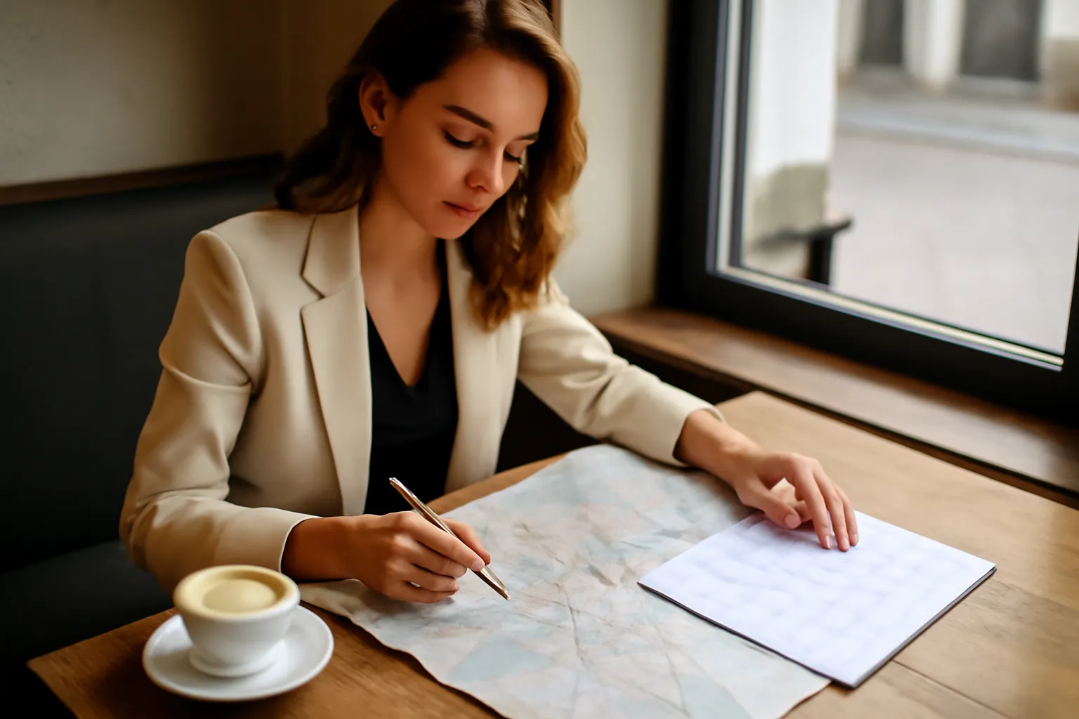 Voyageuse organisant son itinéraire de voyage avec une carte et un calendrier
