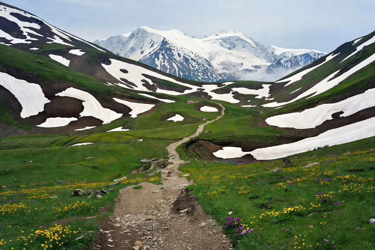 Sentier de randonnée en montagne dans le Caucase du Nord en fin de printemps