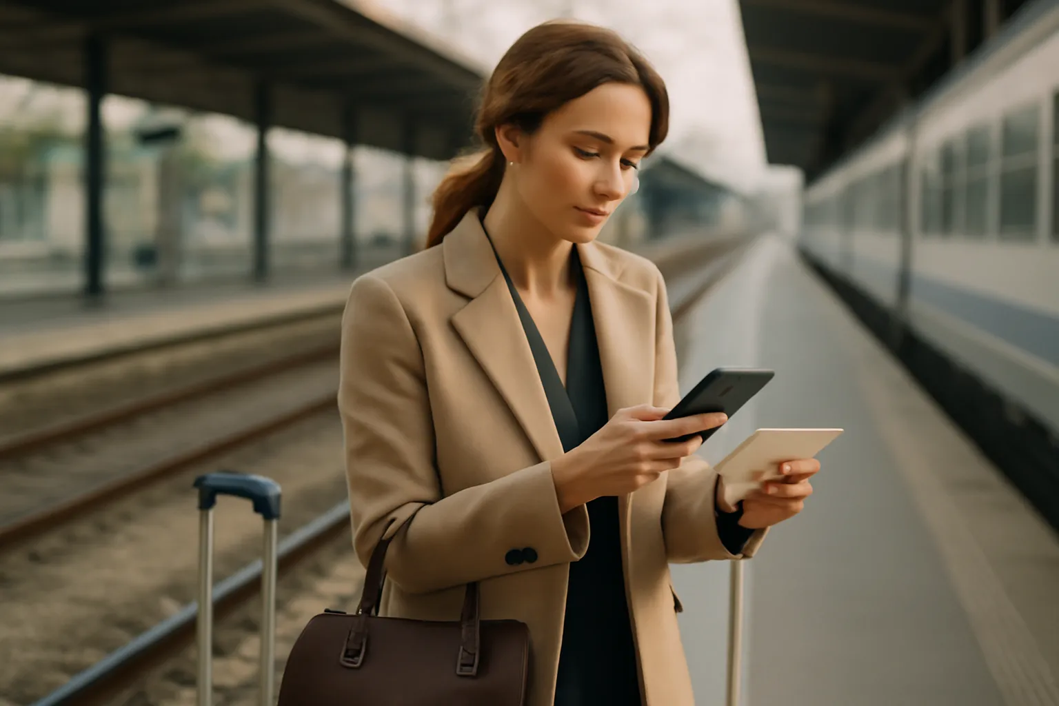 Voyageuse consultant son billet de train sur un quai de gare