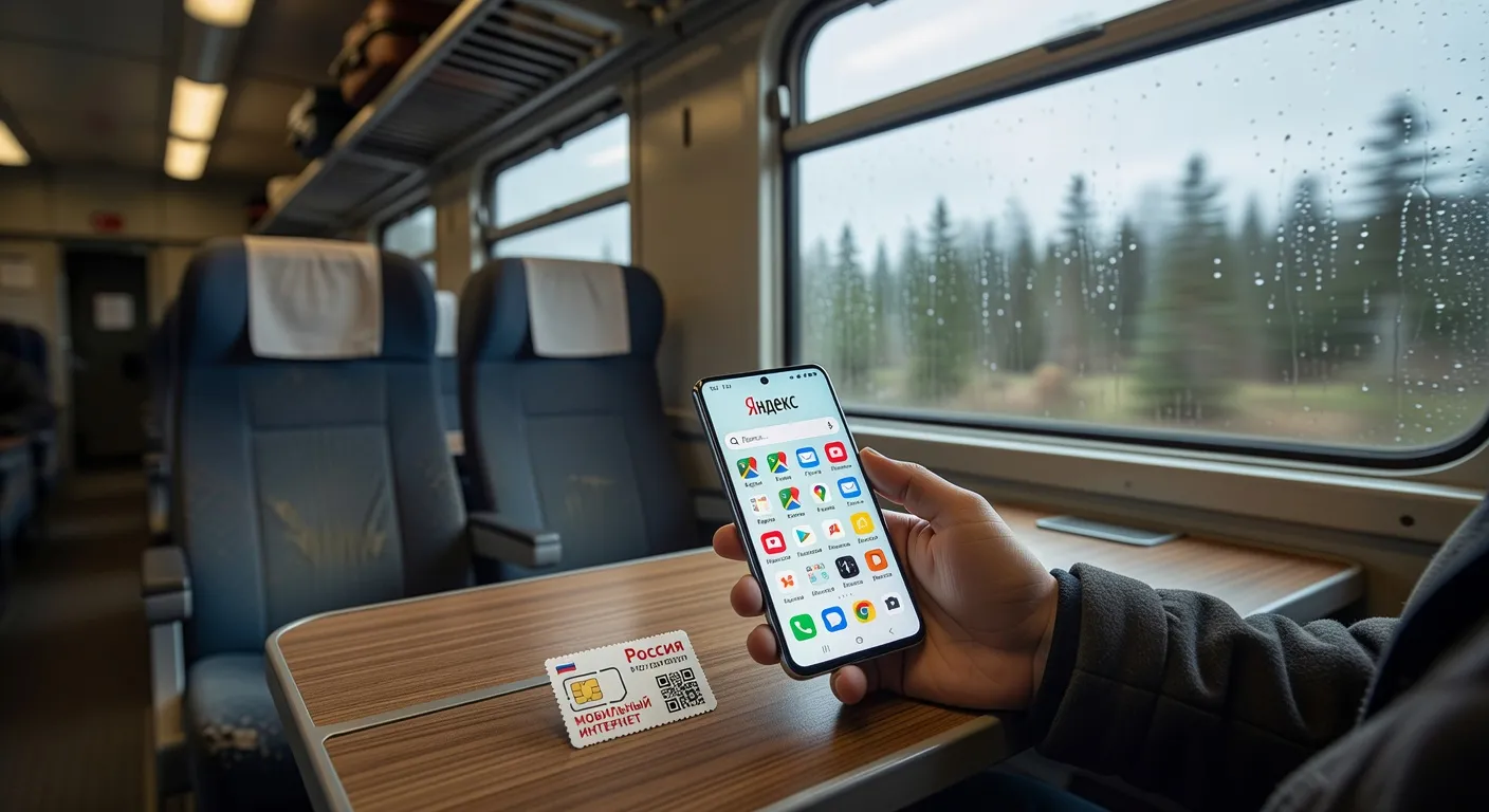 Carte SIM russe et smartphone affichant l'interface Yandex, fond de wagon transsibérien flou