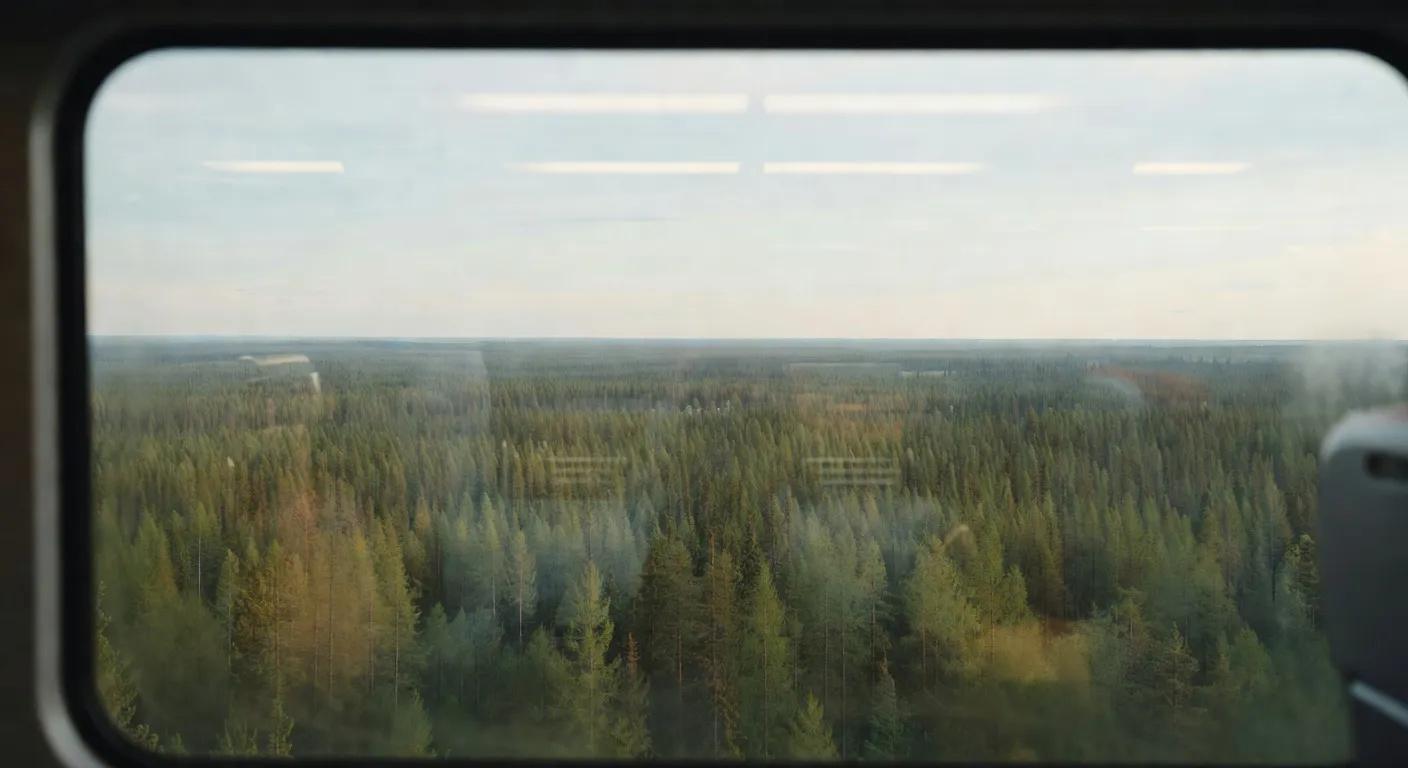 Paysage sibérien depuis la fenêtre du train, taïga à l'horizon, reflets sur le verre