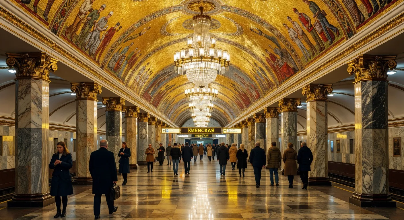Station de métro Kievskaya à Moscou, architecture soviétique ornée, mosaïques et lustres dorés
