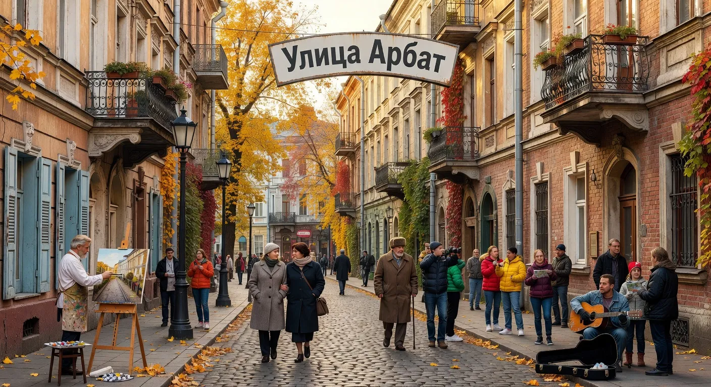 Rue de l'Arbat à Moscou, façades historiques, artistes de rue, ambiance automnale animée