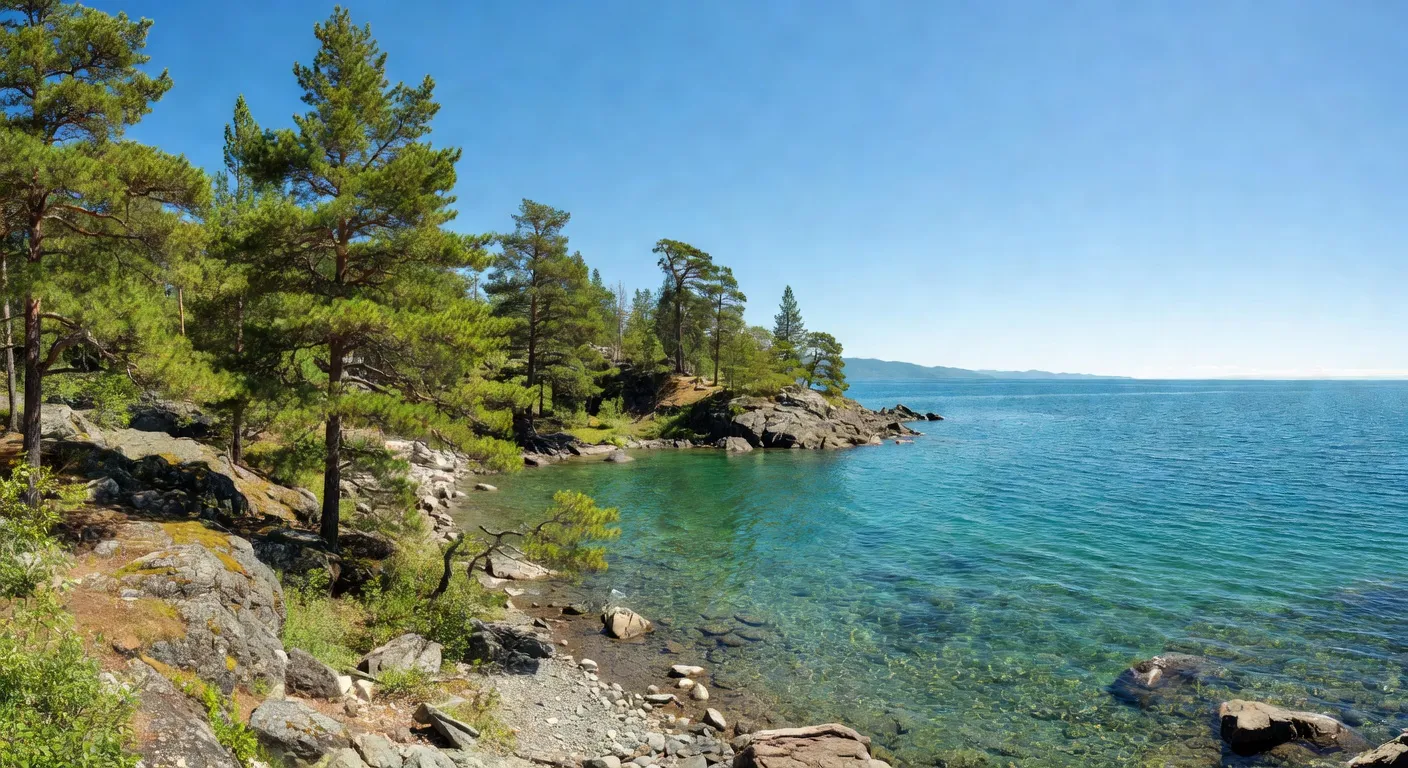 Vue panoramique du lac Baïkal en été, eau turquoise, rive rocailleuse parsemée de pins, ciel dégagé