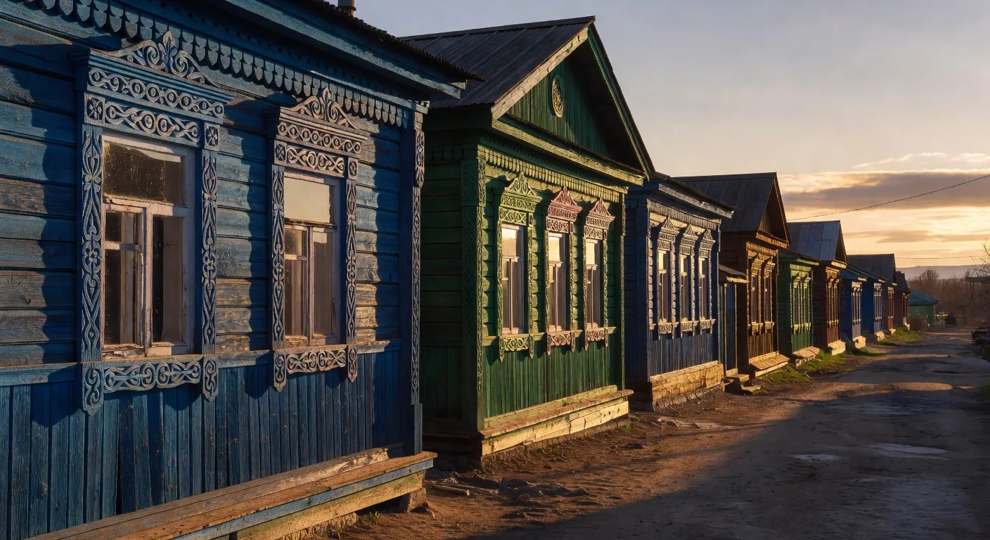 Maisons en bois sibériennes à Irkoutsk, façades bleues et vertes aux encadrements de fenêtres finement sculptés, soleil de fin d'après-midi