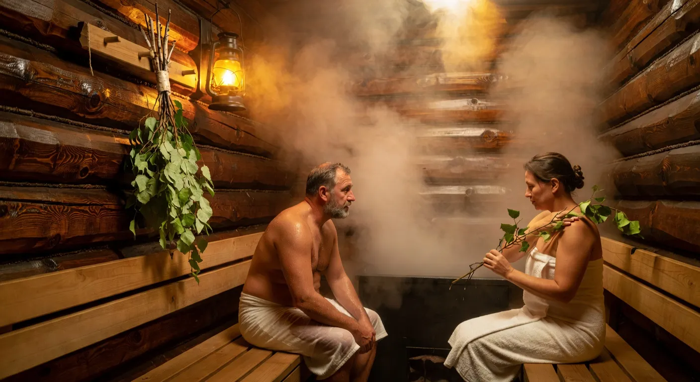 Scène d'un banya russe traditionnel, vapeur chaude, parois en bois de bouleau, lumière ambrée