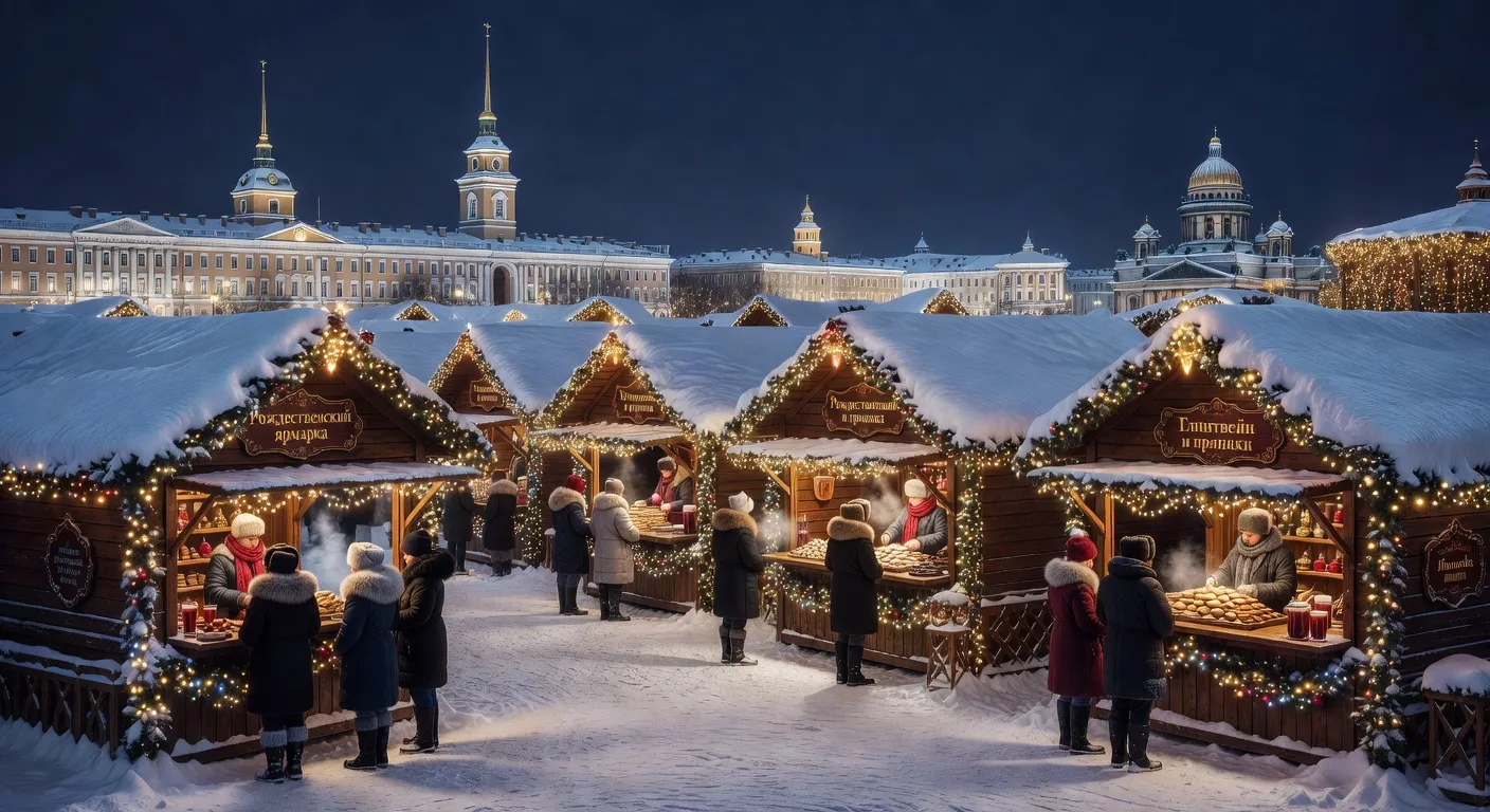 Marché de Noël de Saint-Pétersbourg, échoppes illuminées, neige sur les toits, ambiance festive hivernale