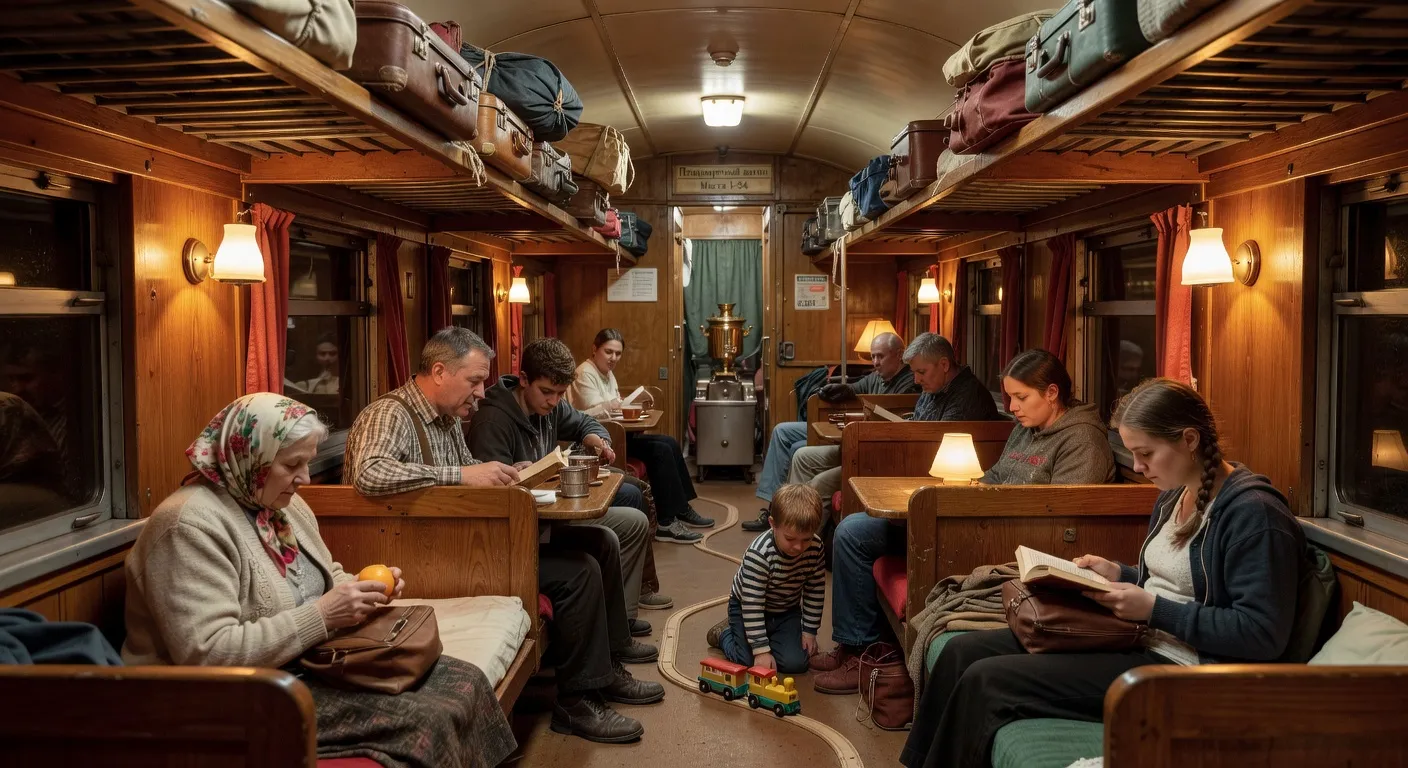 Intérieur d'un wagon platszkart russe, couchettes en bois, voyageurs de différents âges, lumière artificielle chaleureuse, sentiment de communauté