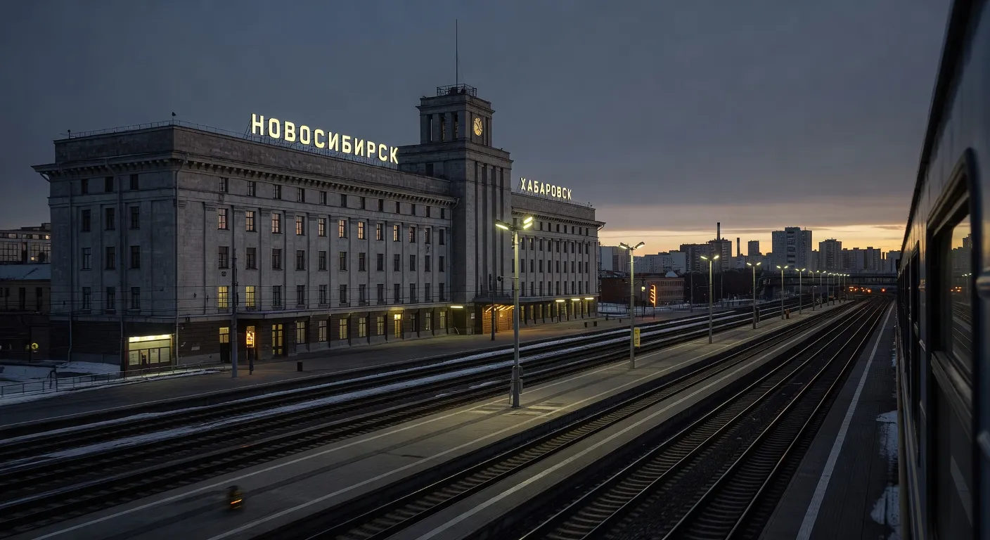 Vue depuis la fenêtre du train sur la grande gare de Khabarovsk ou Novossibirsk, architecture soviétique massive, voies ferrées illuminées