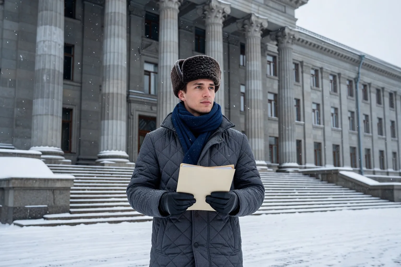 Lucas Béranger, jeune assistant de français français de 27 ans, devant le bâtiment principal de l'Université fédérale de l'Oural à Iekaterinbourg en hiver