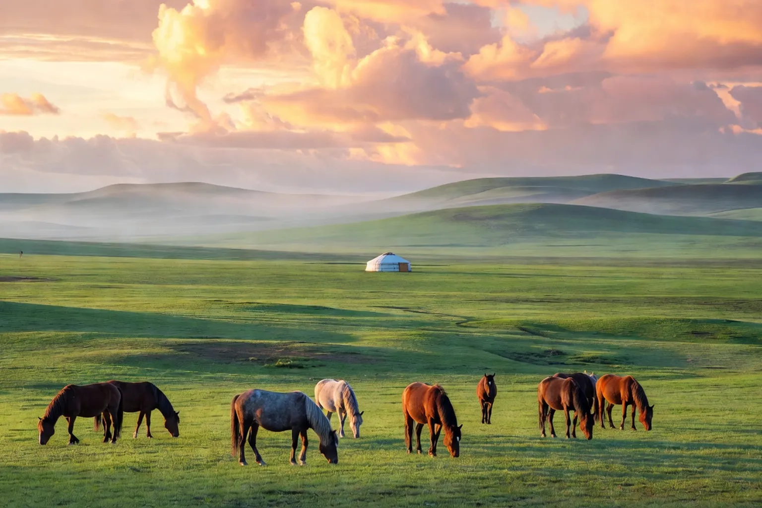 Grande steppe verdoyante du Khangai au lever du soleil en Mongolie centrale, avec une yourte blanche traditionnelle, un troupeau de chevaux et une chaîne de collines en arrière-plan