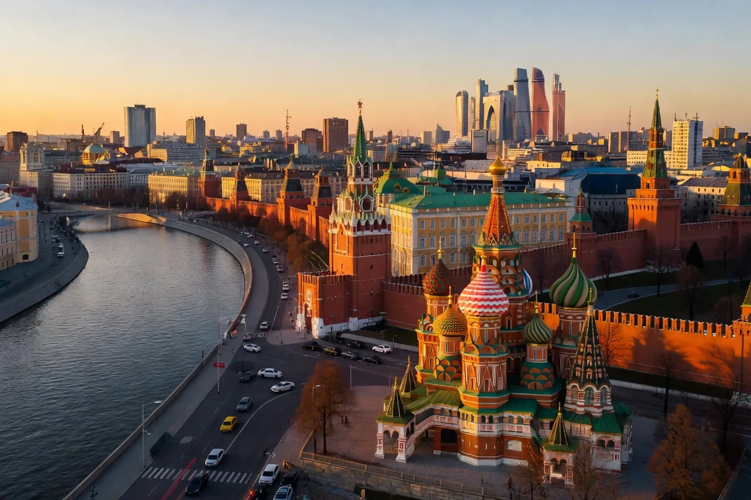 Vue aérienne au coucher du soleil de Moscou avec la place Rouge, Saint-Basile et le Kremlin en arrière-plan, illustrant la grande variété urbaine russe