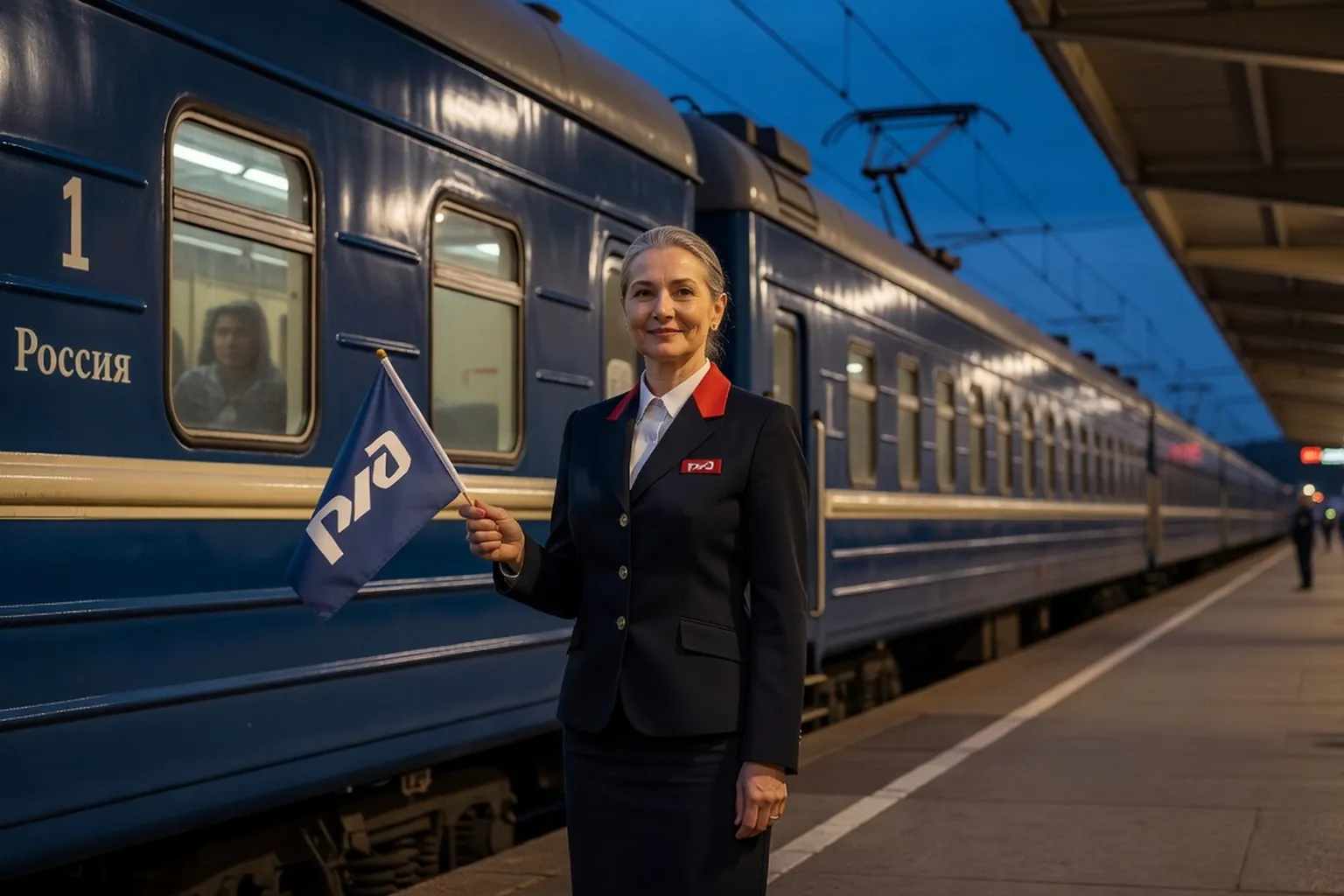 Olga Iermolaïeva en uniforme RZD bleu nuit devant le samovar de son wagon Rossiya, gare de Moscou-Iaroslavski