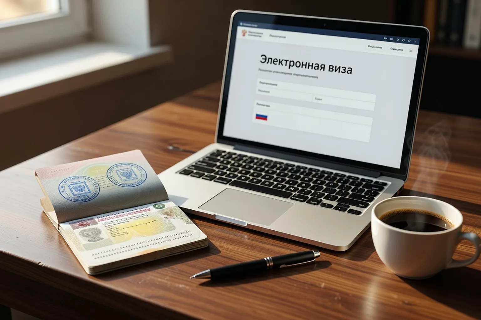 Passeport français ouvert sur une page contenant un visa russe à côté d'un ordinateur portable affichant le portail e-visa officiel evisa.kdmid.ru