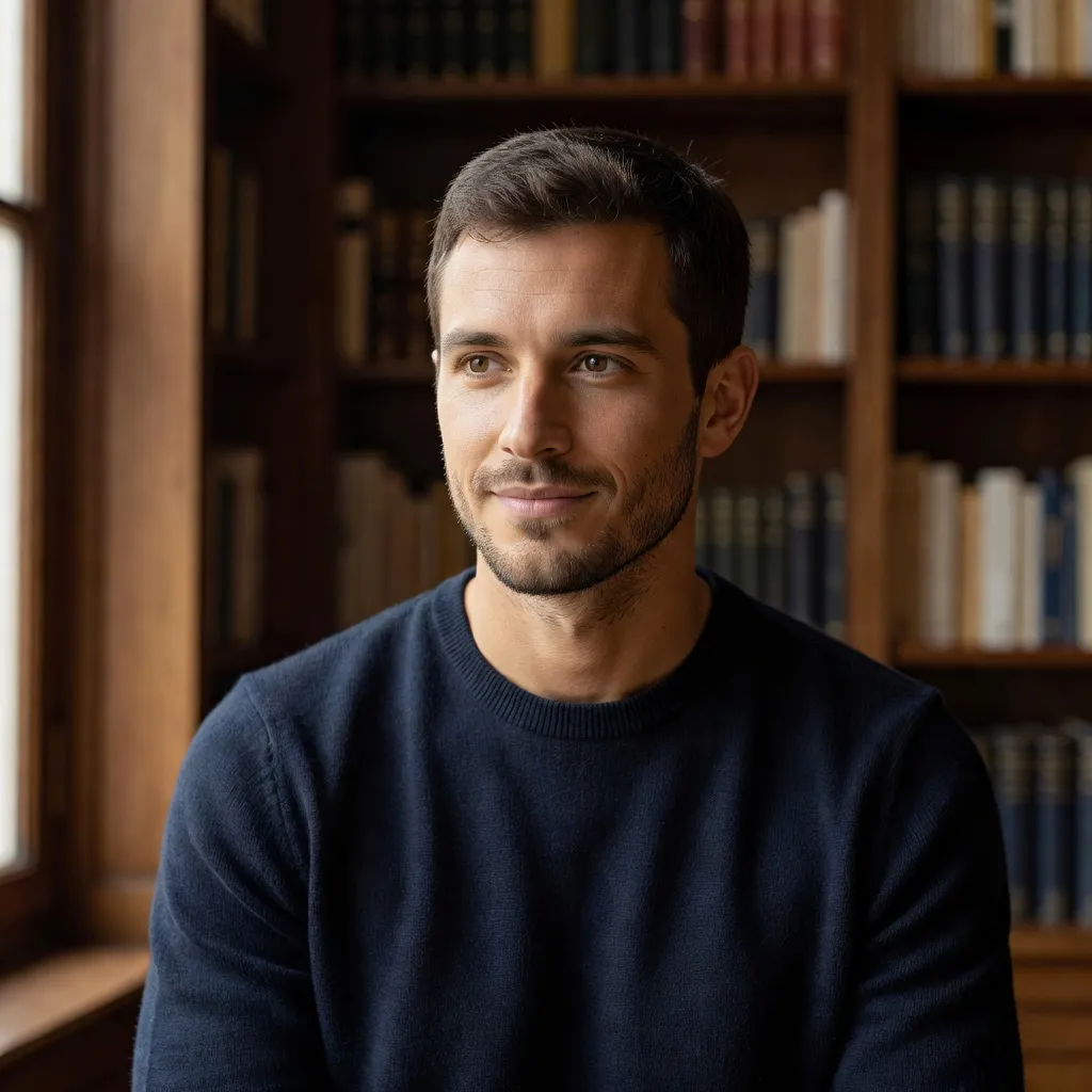 Portrait de Lucas Béranger, jeune assistant de français de 27 ans, regard intelligent, photographié en intérieur lumineux