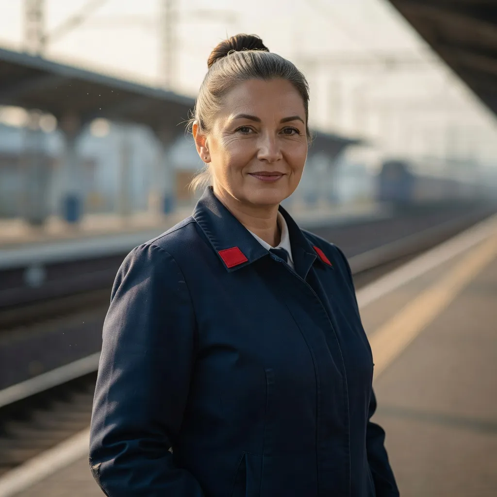 Portrait d'Olga Iermolaïeva, cheffe de wagon RZD de 51 ans, en uniforme bleu marine devant un quai de gare